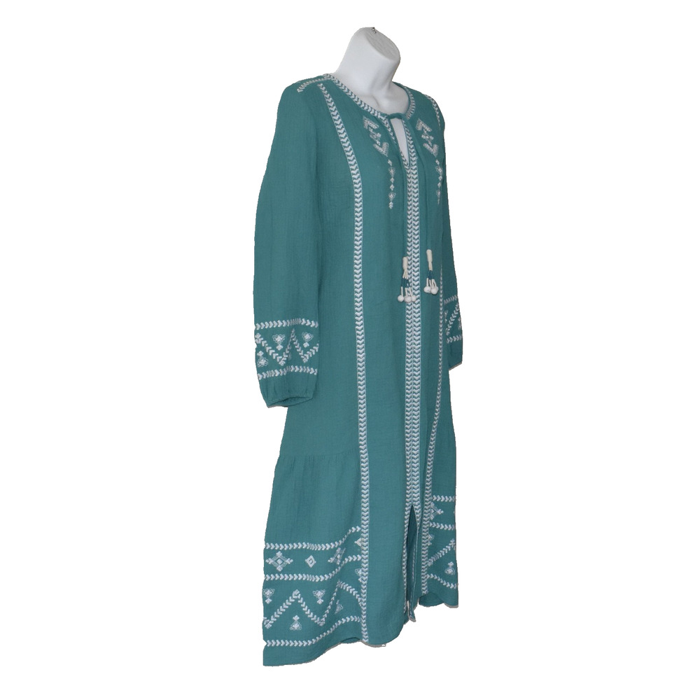 A5 NWOT SOFT SURROUNDINGS Jolie Green White Vertical Embroidery Midi Dress Sz L - Picture 3 of 6